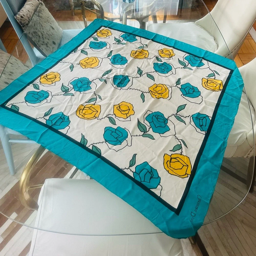 Christian Dior vintage Rose print silk scarf Rare colors(turquoise blue,bright)
